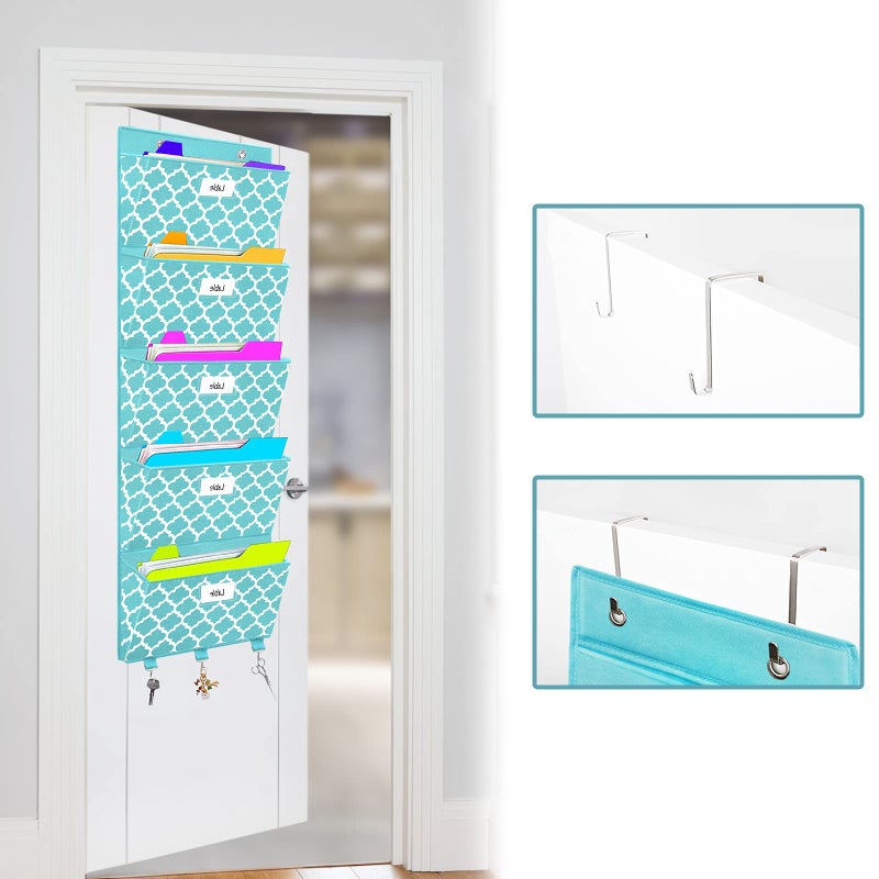 Homyfort Over the Door File Organizer, Hanging File Folders, Wall Organizers and Storage for Mail, Magazine, Notebooks, Planners, Office, Classroom, 5 Extra Large Pockets, 50.39â€ Tall (Blue Lantern Pattern) - Image 5
